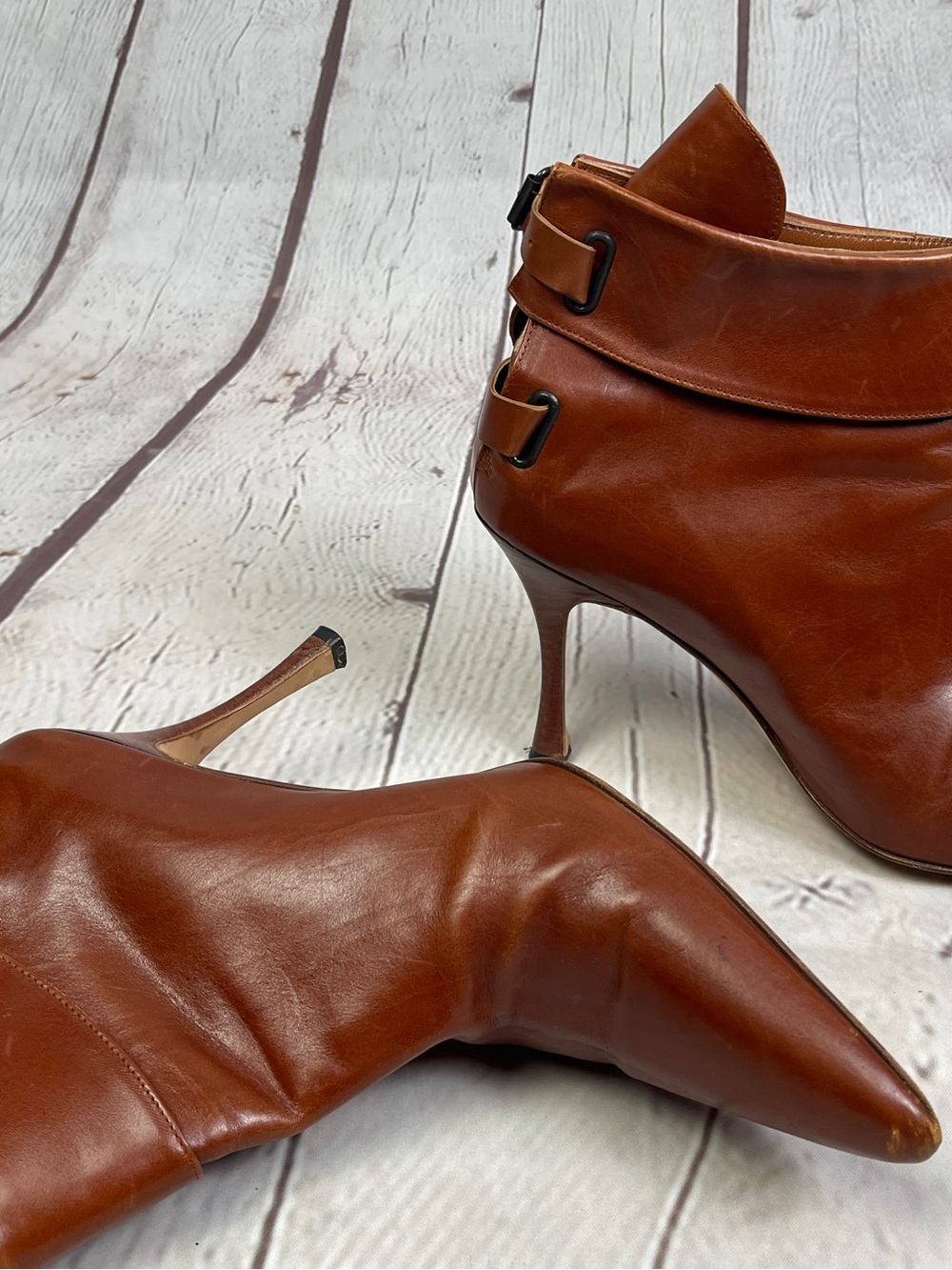 MANOLO BLAHNIK authentic brown leather pointed-toe stiletto ankle boots, sz 38.5 - Picture 6 of 12